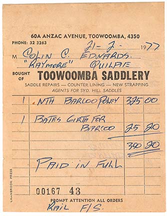 Original receipt for sale of Northern Barcoo Saddle