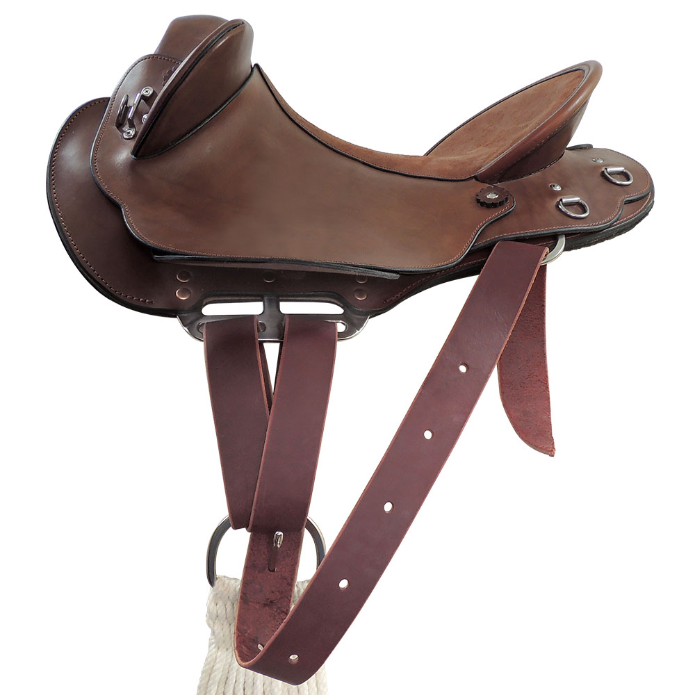 Example of buckle cinch rigged to saddle's 3 way rigplate in v-shape centre position with leather latigo strap