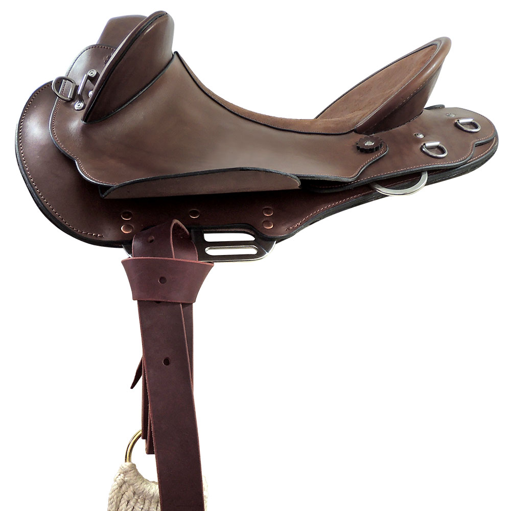 Near side simple saddle rigging example in forward position, with 3 way rigplates and leather latigo strap tied to ring cinch