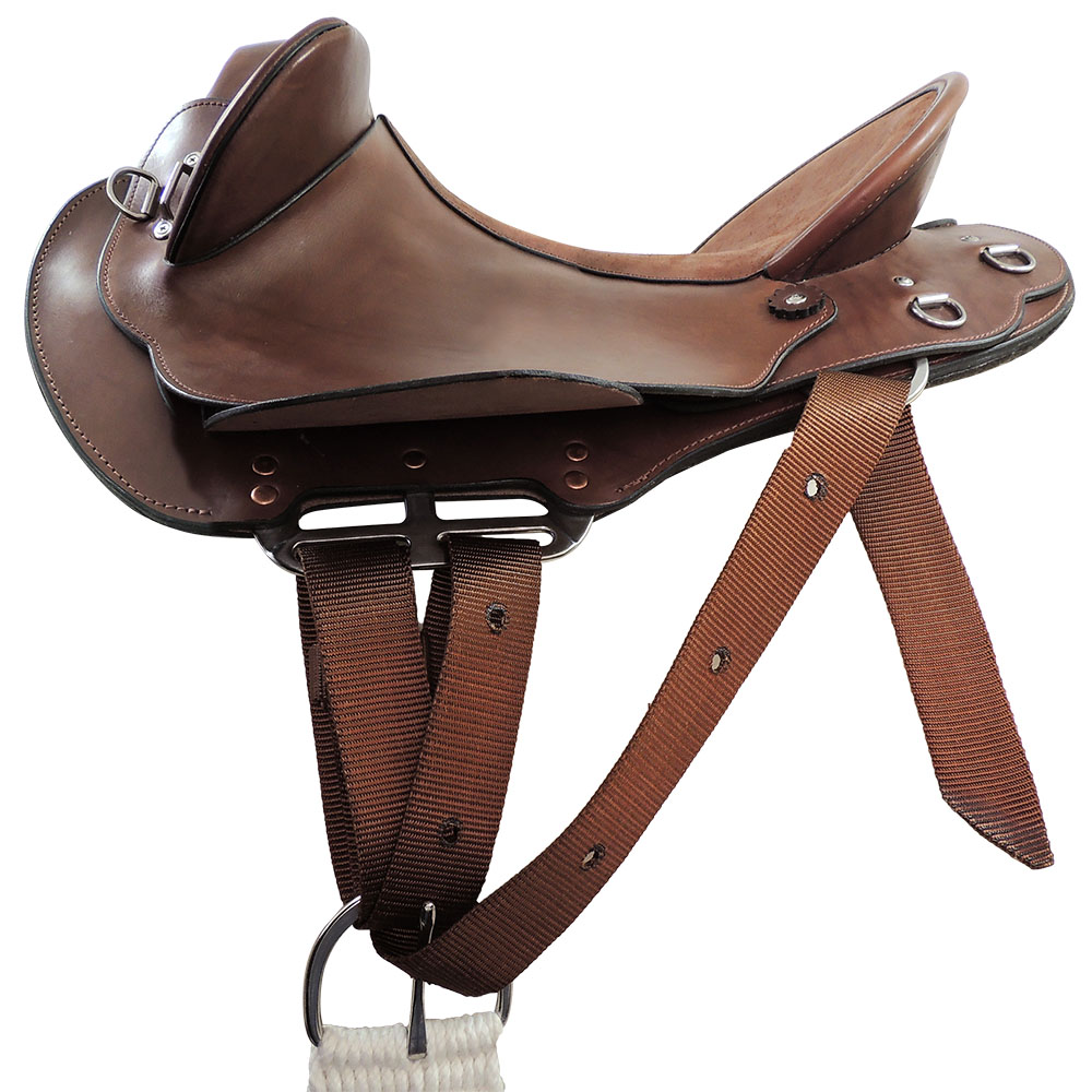 Near side centre saddle rigging example, with 3 way rigplates and TS Pro series pull-up strap and buckle cinch