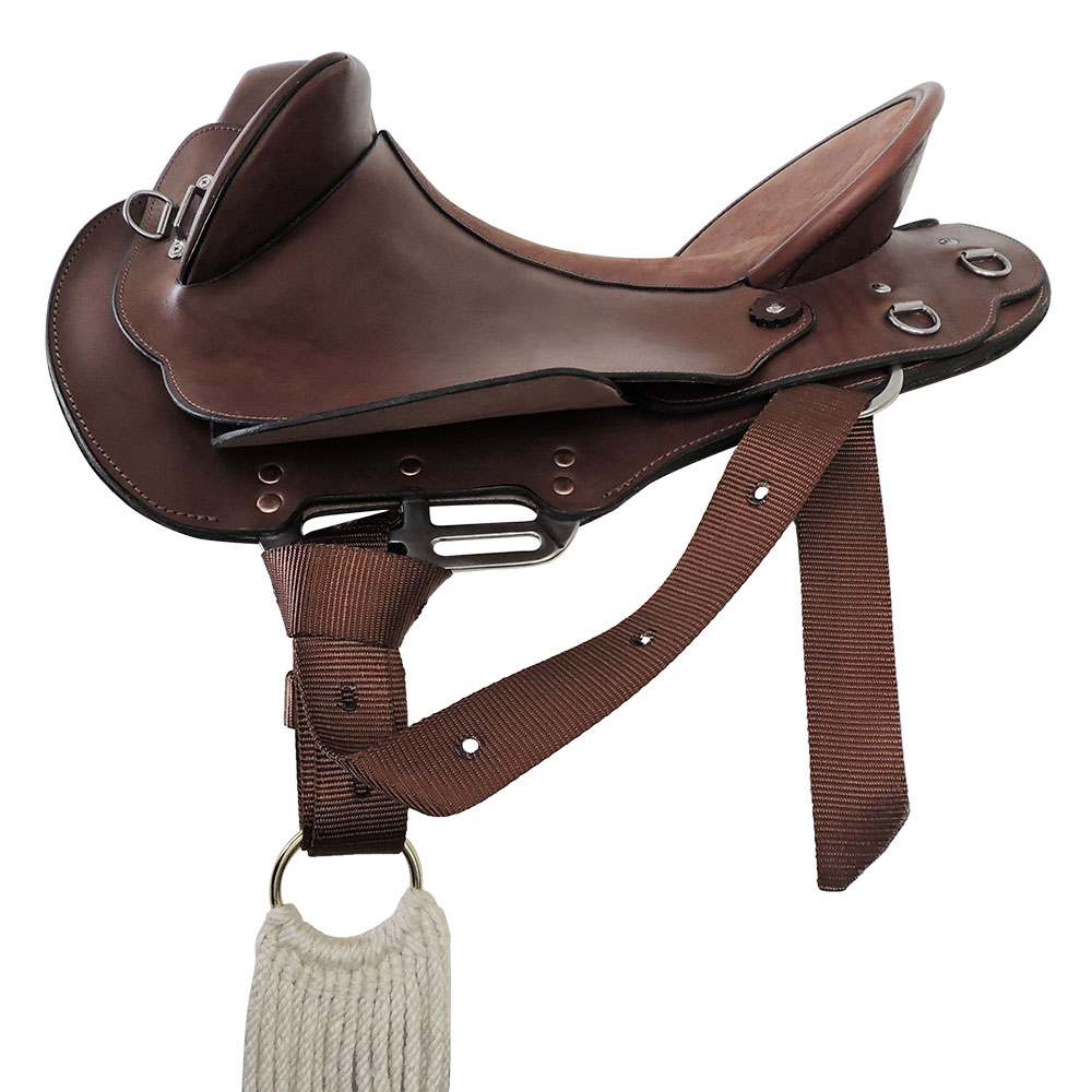 Near side saddle rigging example in forward position with 3 way rigplates and synthetic TS Pro series pull-up strap tied to ring cinch