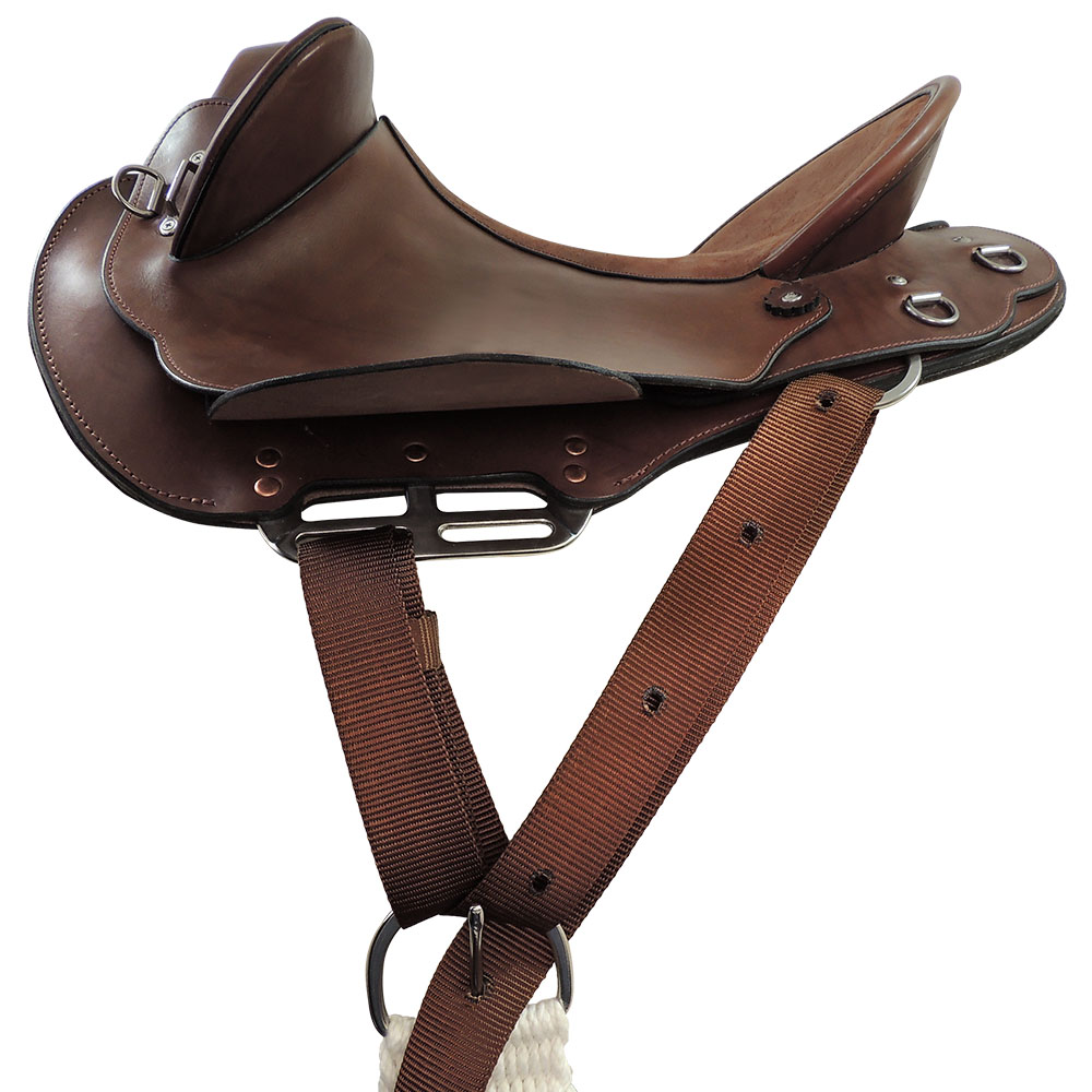 Near side centrefire saddle rigging example with 3 way rigplates, TS Pro series synthetic pull-up strap and buckle cinch