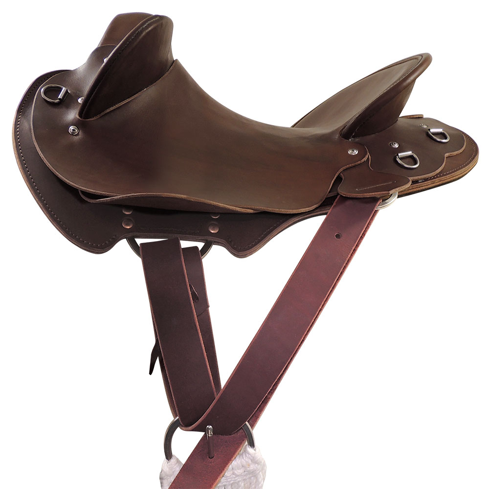 Near side centrefire saddle rigging example, with C type rigplates,  leather latigo strap and buckle cinch