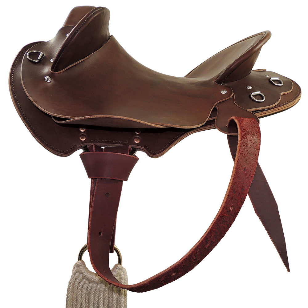 Near side saddle rigging example: C type rigplates with leather latigo strap tied to ring cinch