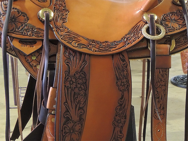 Close up of carving on Lisa Earley's saddle