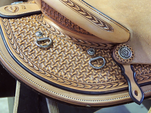 Closeup of tooling on Ben Morrow's winning stock saddle 